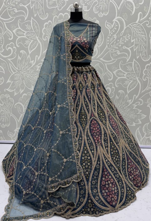 Abstinent Blue Art of Work with Detailed Thread work Designer LehengaCholi perfect for reception wear